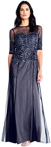 Adrianna Papell Women's Beaded Illusion Dress | Long Sequin Evening Dress with Fitted Bodice & Tulle Skirt Overlay