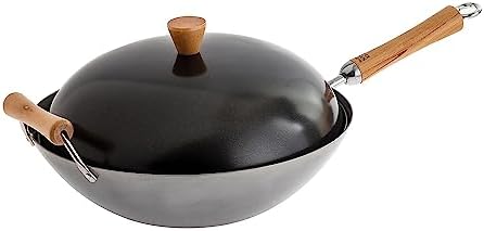 JOYCE CHEN Classic Series 14-Inch Uncoated Carbon Steel Wok Set with Lid and Birch Handles, 4 Pieces