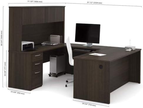 Pemberly Row 71" U-Shaped Computer Desk with Hutch, Dark Chocolate Finish, Melamine and High-Density Particle Board, Reversible Design