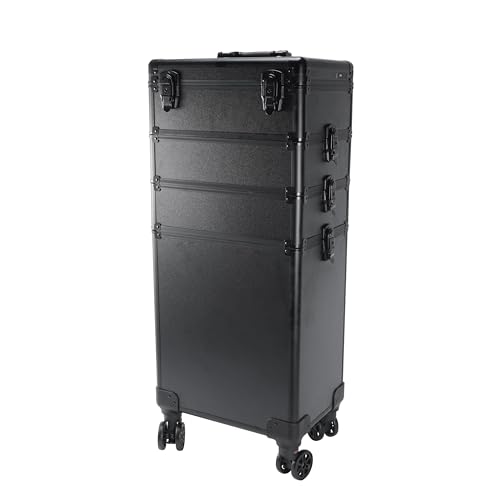 mefeir 4 in 1 Rolling Makeup Train Case, Aluminum Makeup Travel Organizer Cosmetic Case, Cosmetology Display Suitcase on Wheels, Beauty Storage Luggage Lockable w/4 Removable Wheels (Black)