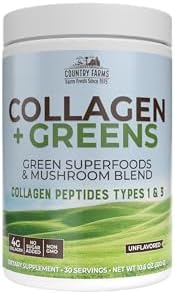 Country Farms Collagen Peptides Powder with Greens Dietary Powder Supplement (Type I, III) for Skin Hair Nail and Joints, Dairy/Sugar Free, Energizing Superfoods, Natural, 10.6 Oz 30 Servings