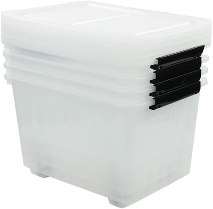 Clear Plastic Storage Bins with Wheels, 4-Pack Latch Boxes, 30 L