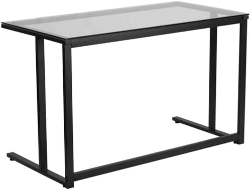 Flash Furniture Singleton Glass Desk with Black Pedestal Metal Frame | Tempered Glass Surface, Powder Coated Metal Frame