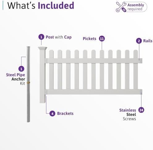 WamBam Newport Picket Fence, White Vinyl DIY No Dig Kit | 3ftH x 6ftW, 1 Panel + 1 Post, ZP19002