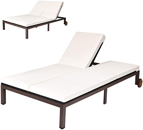 Tangkula 2-Person Patio Lounge Chair, Outdoor Rattan Double Wicker Daybed Chaise with Adjustable Backrest Wheels & Cushion