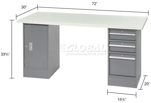 Global Industrial Pedestal Workbench, 3 Drawers & 1 Cabinet, Gray Pedestal | 72"W x 30"D x 33-5/8"H, 1-5/8" Thick Laminate Top with Safety Edge