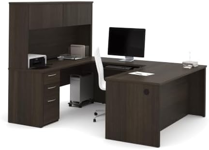 Bestar Embassy 72W U-Shaped Executive Desk with Pedestal and Hutch in Dark Chocolate | With Pedestal and Hutch, with Narrow Desk Shell, Desk Shell