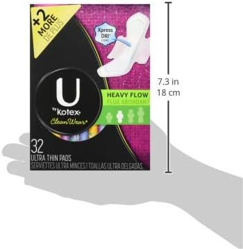 U by Kotex Cleanwear Ultra Thin Pads with Wings, Heavy Flow, 32 Count