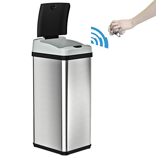 iTouchless Touchless Trash Can with AC Adapter, 3 Odor Filters Big Lid Opening Sensor Kitchen Garbage Bin, 13 Gallon, Stainless Steel, Platinum