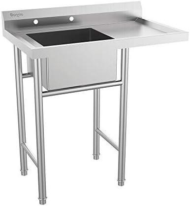 Bonnlo 304 Stainless Steel Utility Sink with Drainboard, One Compartment Workbench Sink Commercial Sink for Restaurant, Laundry Room, Backyard