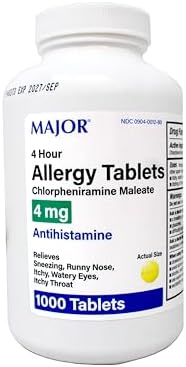 Major Allergy Tablets, Chlorpheniramine Maleate 4 mg, Antihistamine 4 Hour, 1000 Tablets