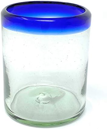 Hand Blown Mexican Drinking Glasses - Set of 6 Tumbler Glasses with Cobalt Blue Rims (10 oz each)