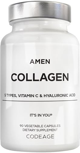 Amen Multi Collagen Peptides Supplement, Hyaluronic Acid, 90 Capsules | Hydrolyzed Type I, II, III, V & X. Bovine, fish, chicken
