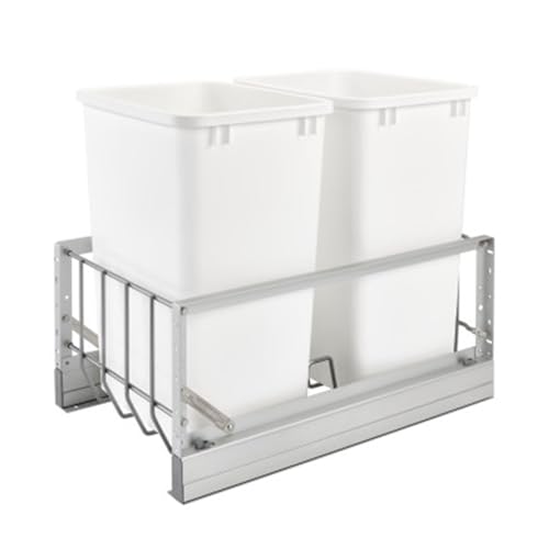 Rev-A-Shelf 35 Qt Aluminum Bottom Mount Double Pullout Waste Container w/Soft-Close for Base Kitchen Cabinets, Min. 15" Opening Width, Silver & White, 5349-15DM18-2