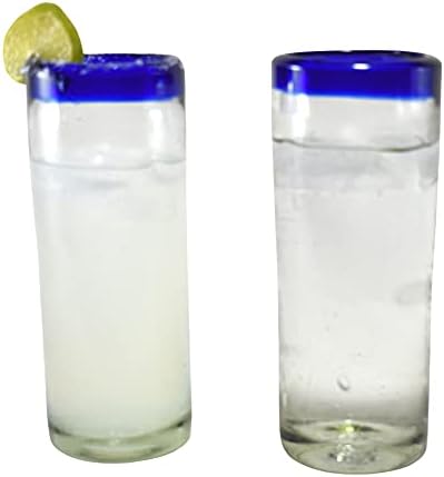 MAREY Hand Blown Drinking Glasses Artisan Crafted from Mexico Set of 6 pieces (Cobalt Blue Rim, Water 16 Oz.)