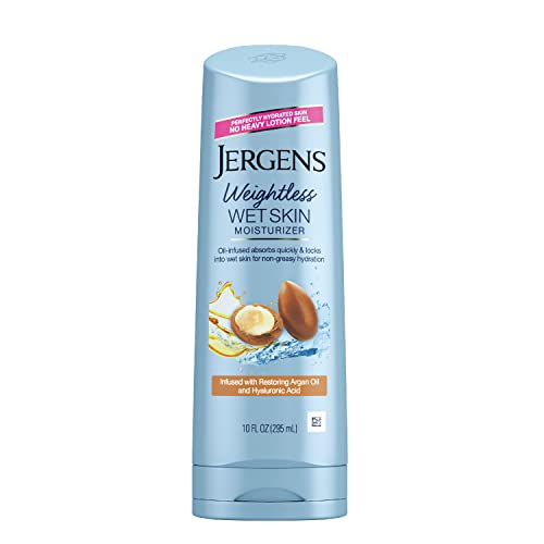 Jergens In Shower Lotion For Dry Skin, Wet Skin Moisturizer, 10 oz, 4 Pack | Argan Oil, Hyaluronic Acid, Fast Absorption, Non-Sticky Formula, Dermatologist Tested