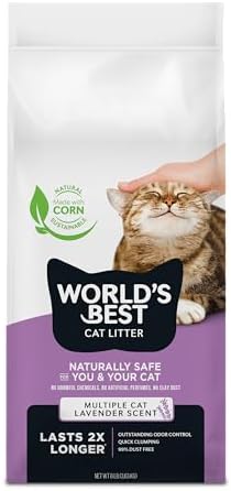 World's Best Cat Litter, Lavender Scented, Long-Lasting Odor Control, 15 lb | Controls multi-cat odors with a calming lavender scent; natural corn litter, quick clumping, flushable, 99% dust free formula