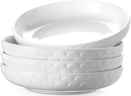 DOWAN Pasta Bowls Set of 4 for Large Portions, 54 oz Textured Motif Large Salad Serving Bowls, Ceramic Plates, White Soup Bowl for Kitchen Meal Prep