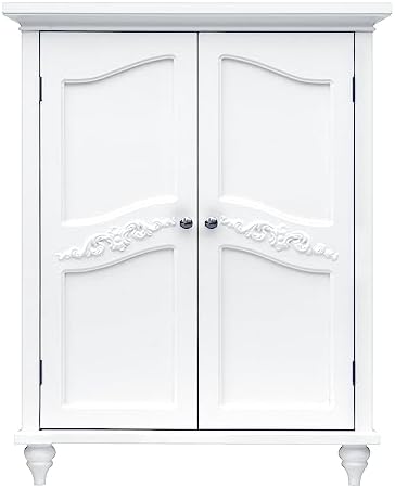 Teamson Home Versailles Wooden Floor Storage Cabinet and Wall Cabinet with Adjustable Shelves and Floral Scroll Doors, White