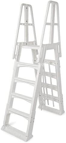 SLA A-Frame 48 to 56 Inch Adjustable Above Ground Swimming Pool Ladder Entry System with Slide Lock Barrier and Handrails, White