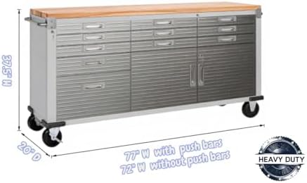 Heavy-Duty Rolling Workbench with Drawers and Cabinet, 77" W x 20" D x 37.5" H, (Red, 11 Drawer)