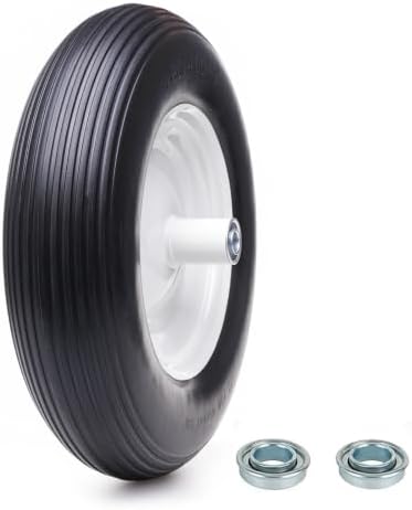 16" 4.80/4.00-8 Flat Free Solid Polyurethane Tire and Wheel with 2Pcs 3/4" Bearing, 1 Pack PU Airless Tires with 5/8" Ball Bearings 6" Iron Hub for Hand Truck/Tool Cart/Garden Carts, 1 Pc