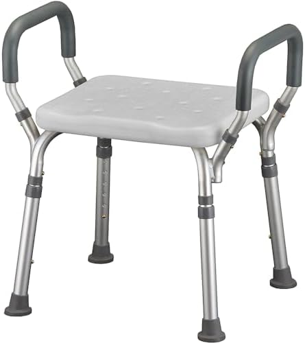 NOVA Adjustable Shower Bench with Padded Arms – Lightweight, Skid-Resistant Tips, White Plastic Seat with Drainage Holes