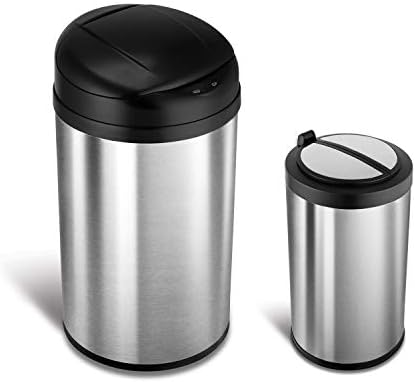 NINESTARS CB-DZT-50-98-1C Automatic Touchless Motion Sensor Oval & Rectangular Trash Can Combo Set, 13.2 Gal. 50 L. & 2.1 Gal.8 L., Stainless Steel