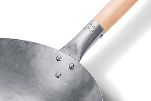 Craft Wok Traditional Hand Hammered Chinese Carbon Steel Wok with Wooden and Steel Helper Handle (14 Inch, Round Bottom Pow Wok Pan) / 731W88