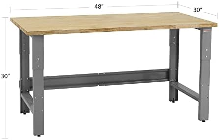 Table & Workbench: 1" Thick Solid Oiled Wood Butcher Block Top, Height Adjustable - 30" D x 48" L x 30" - 36" H - by BenchPro