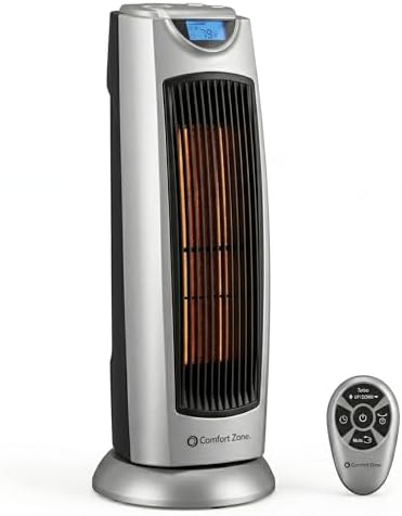 Comfort Zone Electric Oscillating Ceramic Tower Space Heater, Remote, Backlit Digital Thermostat & Temperature Display, Timer, & Overheat Sensor