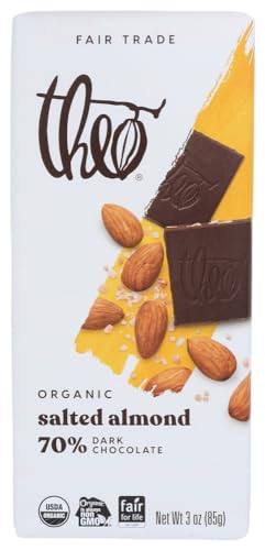 Theo Chocolate Salted Almond Organic Dark Chocolate Bar, 70% Cacao, 12 Pack | Vegan, Fair Trade
