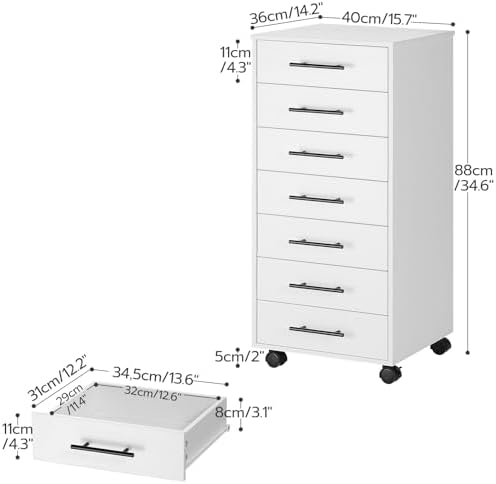 HOOBRO 7-Drawer File Cabinet, Wooden Office Cabinet with Drawers, Mobile Storage Filing Drawer for Home Office, Study, Easy Assembly, White WT07WJ01