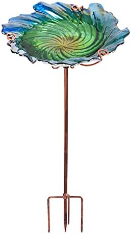 26" Glass Bird Bath, Outdoor Birdbath Bird Feeder Green Flower Metal Stake