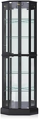 BELLEZE Lighted Corner Display Curio Cabinet Wooden Curved Shelving Unit with Tempered Glass Door