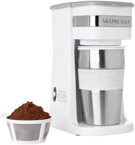 Mixpresso Single Serve & Single Cup Coffee Maker with 14oz Travel Mug Black | For ground coffee only, reusable filter, auto shut off. Compact personal drip coffee maker, not compatible with K-Cup pods.