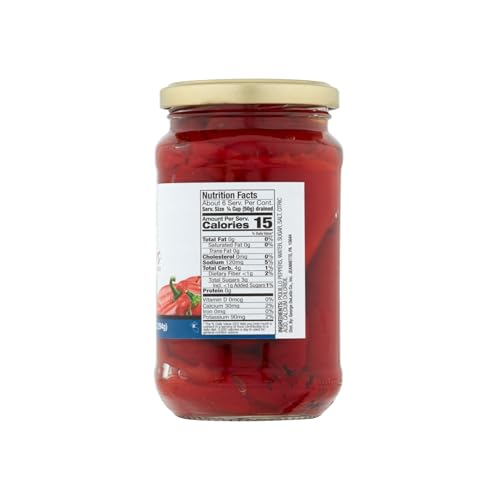 DeLallo Roasted Piquillo Peppers, 12 oz. Jar, (12 Pack), All Natural, Gluten Free, Ready-To-Use, Vegan, Kosher, Sweet Smoky Flavor Red Peppers