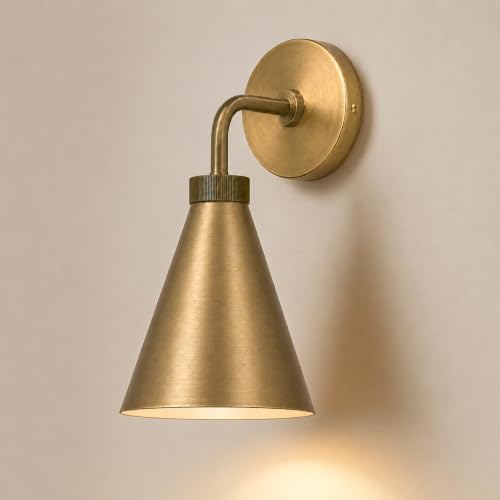 Vintage Metal Cone Wall Sconce, 6" W x 6" L x 11" H | Retro Industrial, Handmade, Antique Brass, Metal Shade, Wall Mount Lighting for Hallway