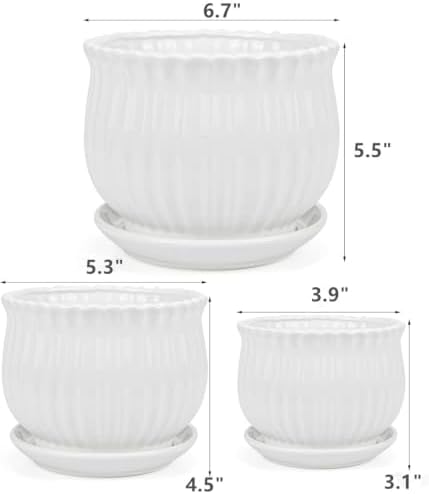 Yesland 3 Pack Ceramic Planter Pots, 3.9"/5.3"/6.7" Modern Round Flower Pots with Drainage Holes & Saucers, Small Indoor Planters for Succulent Cactus
