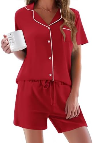 Ekouaer Pajamas Set for Women Short Sleeve Sleepwear Button Down Pj XS-XXXL | Summer 2 Piece Lounge Set, Soft Fabric, Drawstring Waistband, for Bridesmaid Bride Party, Plus Size, Petite, Cute Pattern