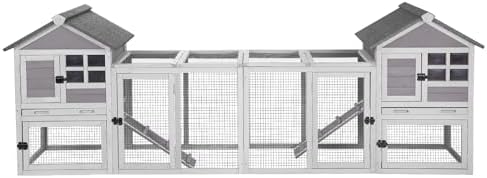 Aivituvin 103.2" L Rabbit Hutch Indoor Outdoor Bunny Cage with Run,Guinea Pig House Pull Out Upper Tray (103.2" L x 25.2" W x 36.2" H, Grey-2 Sets)