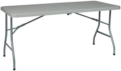 Office Star Resin Rectangle Center-Folding Portable Table for Picnics, Camping, and Tailgating, 5 Feet, with Wheels Light Gray