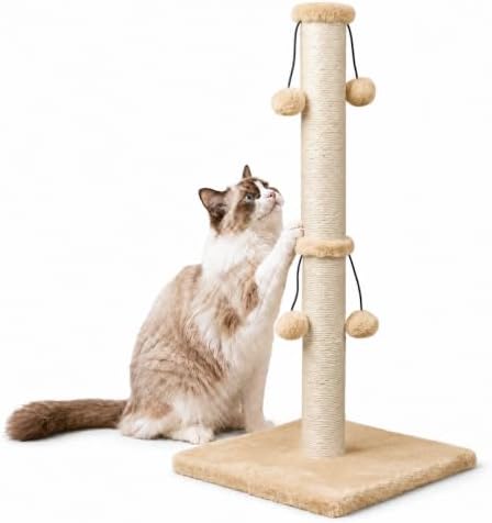 Dimaka 29'' Cat Scratching Post, Natural Sisal Rope Scratcher Post, Kitten Claw Scratch with 4 DanglingToy Balls for Large Cats (Grey)