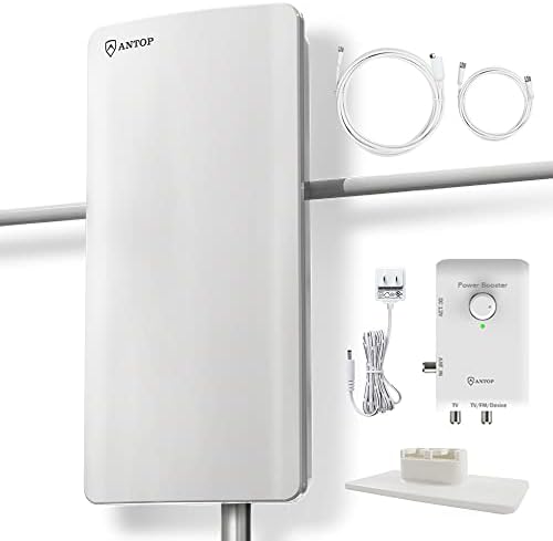 ANTOP HDTV ＆ FM Amplified Antenna 85 Miles AT-800SBS with Dual Outputs Smart Boost System, Support TV and Second Device-FM Stereo