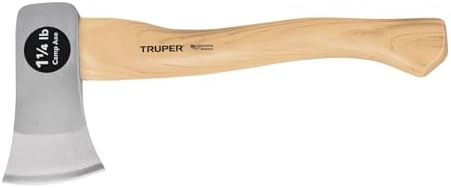 Truper 1.25 lb Camp Axe, 14-Inch American Hickory Wood Handle, Forged Steel Head, Compact Hatchet for Camping