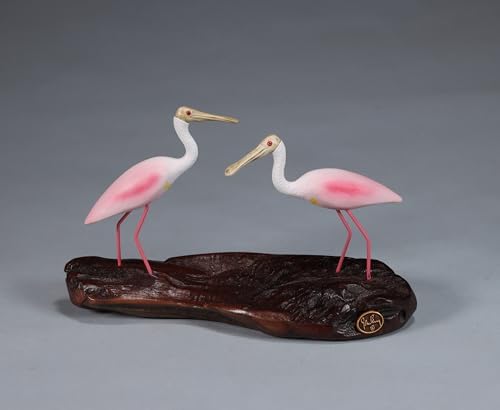 Roseate Spoonbill Duo by John Perry 6in Long Sculpture on Polished burlwood Base. Signed.