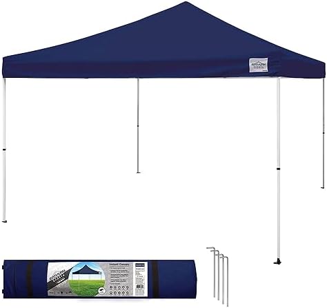 Caravan Canopy 12 by 12 Foot Polyester Straight Steel Leg Instant Pop Up Canopy Tent with Adjustable Height for Outdoor Events, Blue | 150D polyester top with 99 percent UV protection, 3 height settings to 9 ft, steel frame, roller bag and 4 stakes