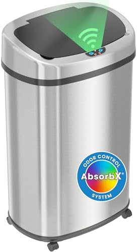 SensorCan 13 Gallon Sensor Trash Can with Wheels and AbsorbX Odor Control System, Stainless Steel