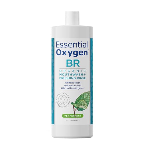 Essential Oxygen Certified BR Organic Brushing Rinse, All Natural Mouthwash for Whiter Teeth, Fresher Breath, and Happier Gums, Alcohol-Free Oral Care, Peppermint, 16 Ounce, Package may vary