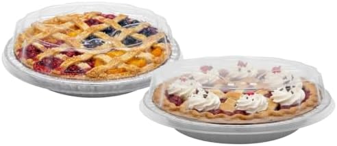 Durable Packaging 9" Aluminum Foil Pie Pan Plate Tin 1-5/16" Deep w/Clear Plastic Dome Lid Cover (Pack of 12)